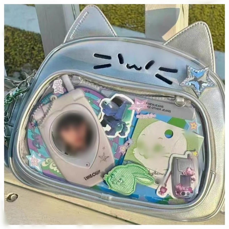 Vobomo Cat Ita Bag Pin Display Backpack for School PU Leather Preppy Backpack for Girls Y2k Aesthetic Single Shoulder Bag (Silver) - Image 4