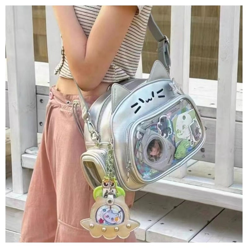 Vobomo Cat Ita Bag Pin Display Backpack for School PU Leather Preppy Backpack for Girls Y2k Aesthetic Single Shoulder Bag (Silver) - Image 2