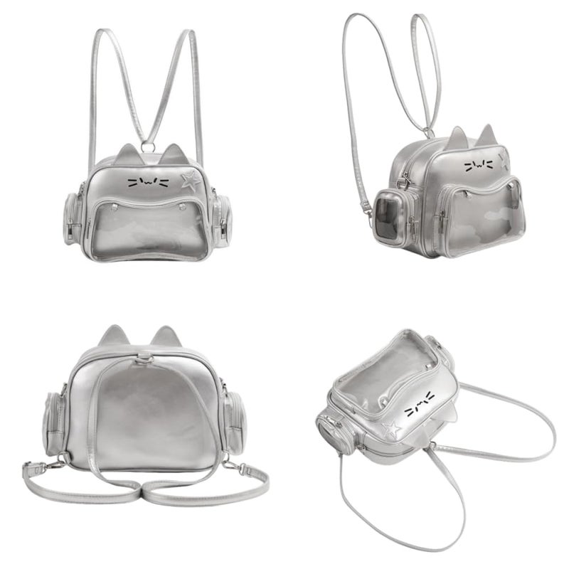 Vobomo Cat Ita Bag Pin Display Backpack for School PU Leather Preppy Backpack for Girls Y2k Aesthetic Single Shoulder Bag (Silver) - Image 5