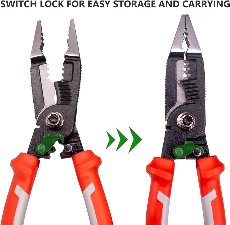 UPTODATETOOLS 6in1 Wire Stripper Tool Cable cutters 8Multifunctional needle nose pliers for Electric Cable Stripping Cutting and Crimping - Image 3