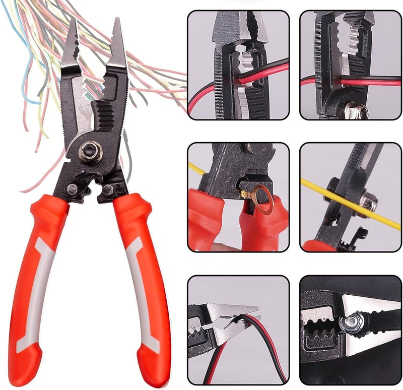 UPTODATETOOLS 6in1 Wire Stripper Tool Cable cutters 8Multifunctional needle nose pliers for Electric Cable Stripping Cutting and Crimping - Image 4
