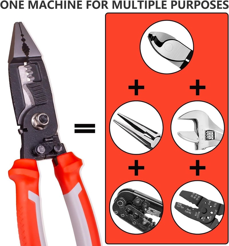 UPTODATETOOLS 6in1 Wire Stripper Tool Cable cutters 8Multifunctional needle nose pliers for Electric Cable Stripping Cutting and Crimping - Image 2