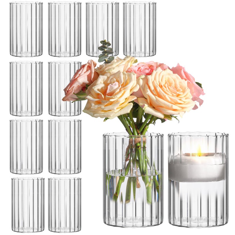 ComSaf Glass Cylinder Vases Pack of 12 Clear Ribbed Bud Vases for Centerpieces Weeding Decoration 6 inch Tall Clear Flower Vases in Bulk Hurricane Candle Holder for Party Home Decor