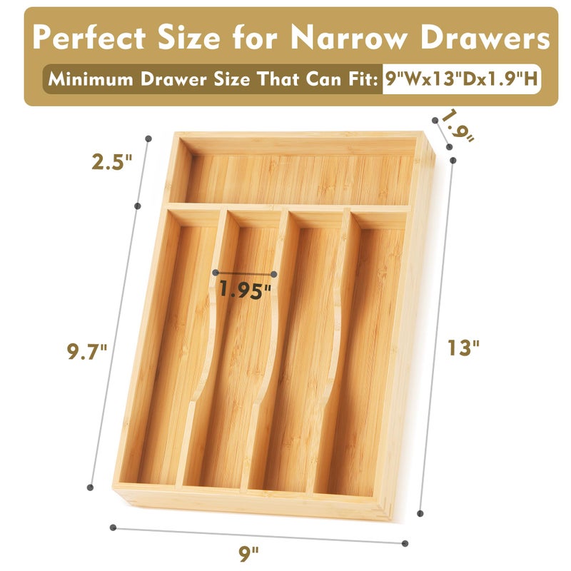 Upassion Bamboo Kitchen Drawer Organizer, 9 Inch Silverware Utensil Holder for Samll Drawer, Narrow Silverware Organizer for Cutlery Knives - Image 2
