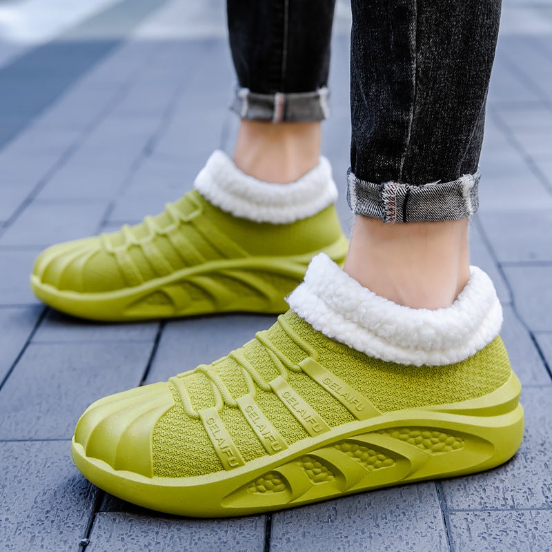 New Mens Sports Rain Shoes Low-Cut Fashion Warm Liner Solid Color Winter Green [plus cotton]] 