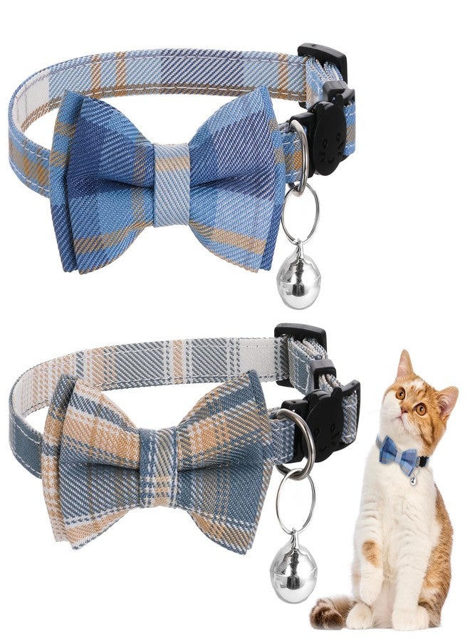 Hariendny 2PCS Blue & White Plaid Cat Collar with Bells, Adjustable Kitten Collar with Removable Bow Tie - Image 1