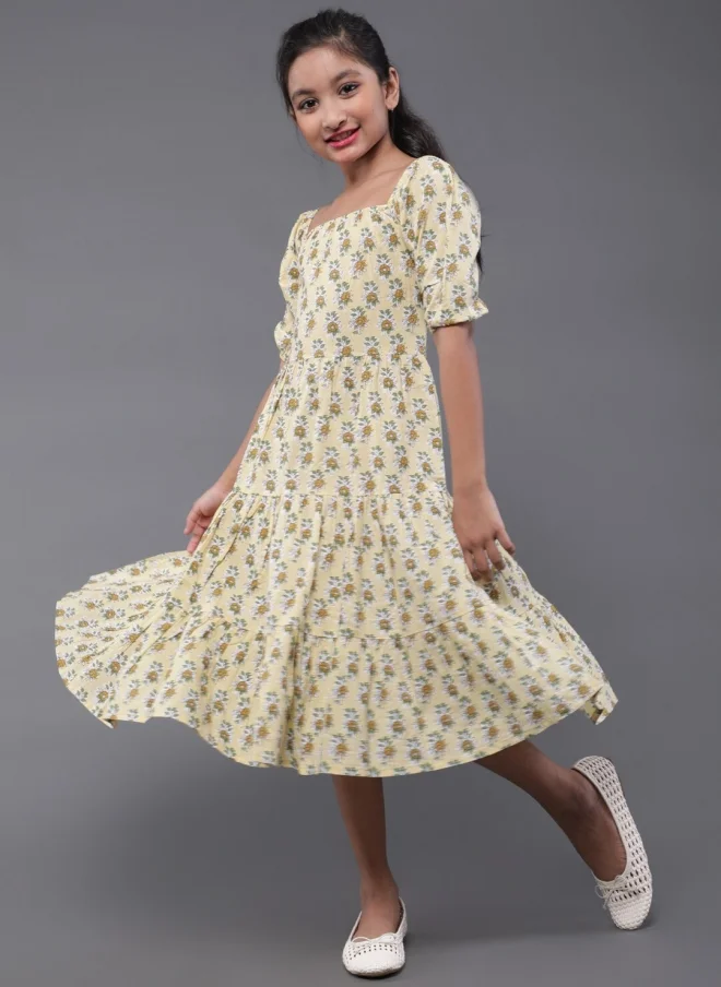 AKS Floral Printed A-Line Midi Dress for Girls