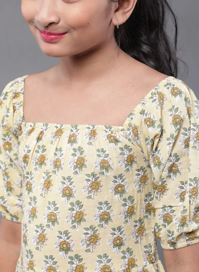 AKS Floral Printed A-Line Midi Dress for Girls