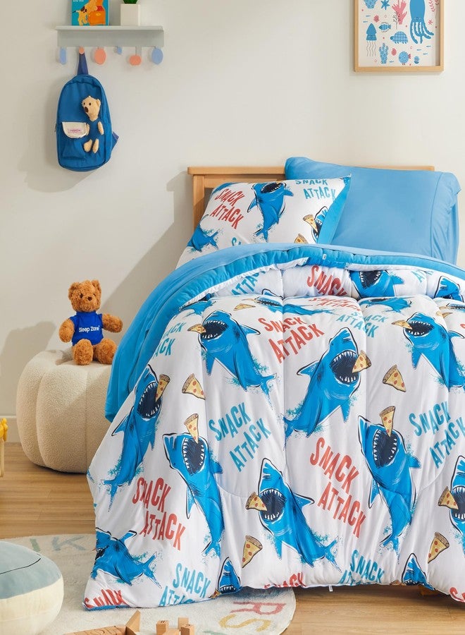 SLEEP ZONE Jersey Knit 2-Piece Twin Size Comforter Set, Blue Shark Design for Boys, Skin-Friendly and Breathable, Super Soft, Durable, Comfortable Kids Bedding Set（Sharks, Twin） - Image 1