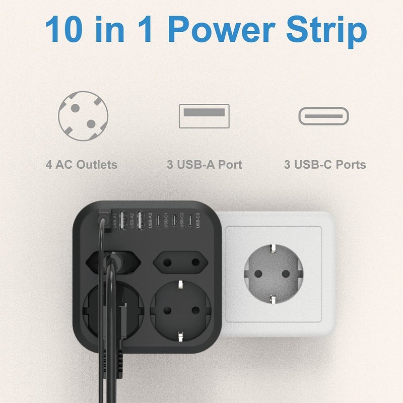 10-in-1 EU Surge Protector with 4 Outlets, 3 USB-A and 3 USB-C Ports - Image 2