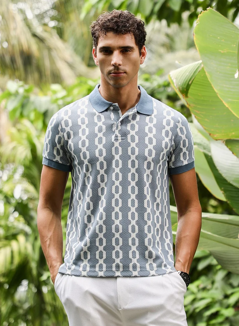 Campus Sutra Men Link-Jacquard Polo T-Shirt | Ribbed Polo Neck, Short Ribbed Cuff Sleeves | Half-Button , Straight Hem | Geometric Jacquard | Knitted Fabric For Casual & Daily Wear | Steel Blue