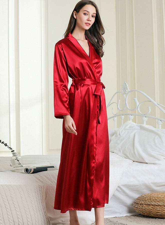 Loquat Women's Imitation Silk Loose Nightgown Night-Robe Solid Color Soft Bathrobe Loungewear Wine Red - Image 2