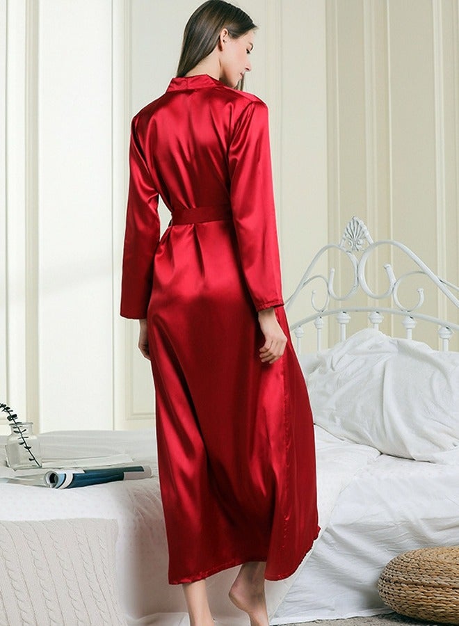 Loquat Women's Imitation Silk Loose Nightgown Night-Robe Solid Color Soft Bathrobe Loungewear Wine Red - Image 3