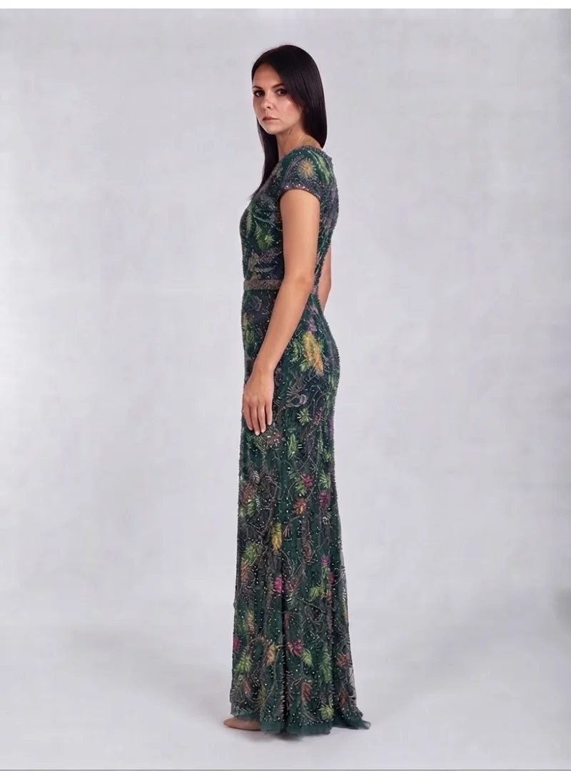 Fashonara Embossed Green Short Sleeved Evening Dress with sequenced coloured embroidery