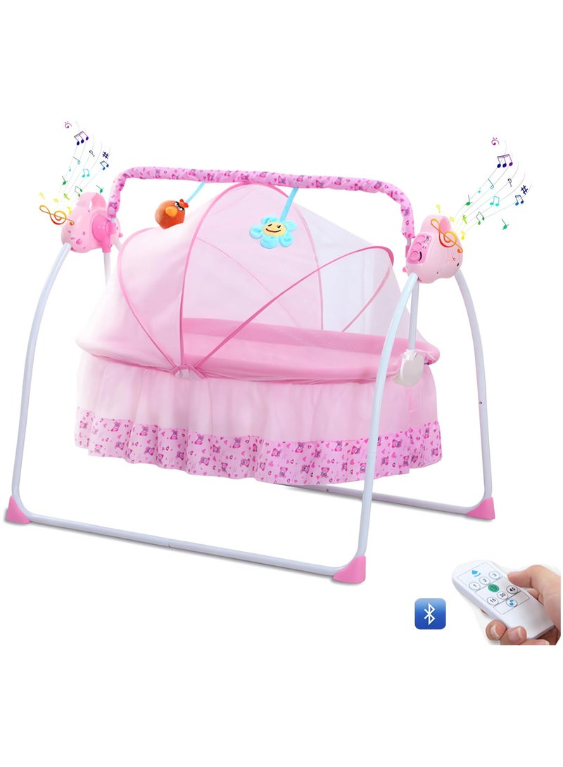 سرير أطفال كهربائي، أرجوحة قابلة للطي مع جهاز تحكم عن بعد وموسيقى، سعة 25 كجم/55 رطل، سرير أطفال قابل للطي للأطفال حديثي الولادة من عمر 0 ​​إلى 18 شهرًا (وردي) - Image 1