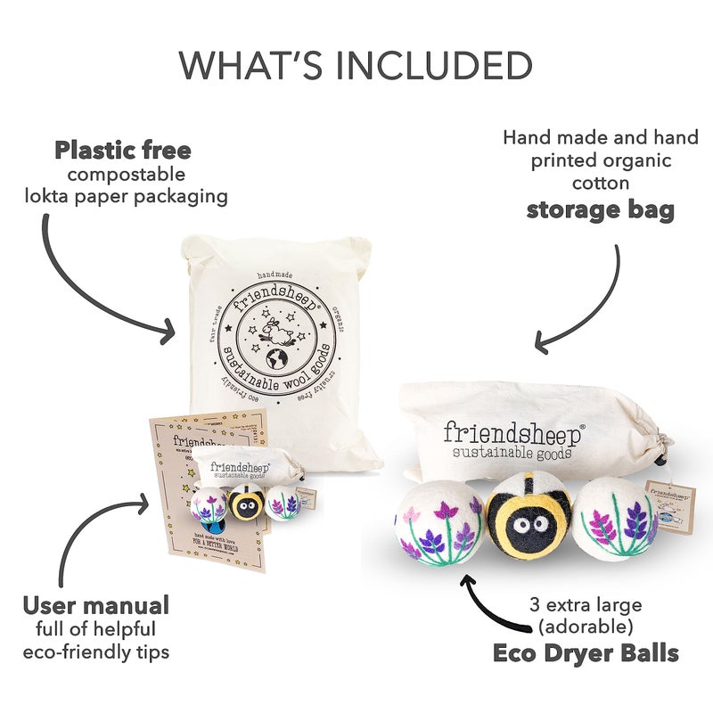 Friendsheep Wool Dryer Balls, Organic Reusable Fabric Softener Alternative for Laundry, Handmade, Fair Trade, Hypoallergenic, Eco-Friendly, Plastic-Free (3 Pack XL â€“ Lavender Fields Bee Flower) - Image 2