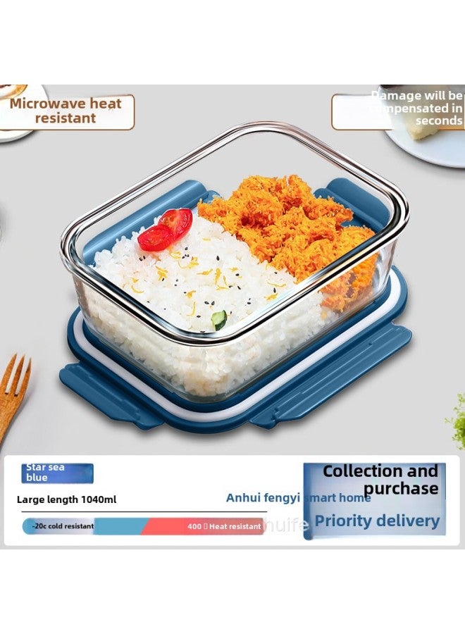 Portable Transparent Lunch Box Microwave Oven Preservation Box Soup Bowl Refrigerator Special Lid High Temperature Resistant Lunch Box Lunch Box White-Specifications:Star Ocean Blue Big Long 1040  - Image 1