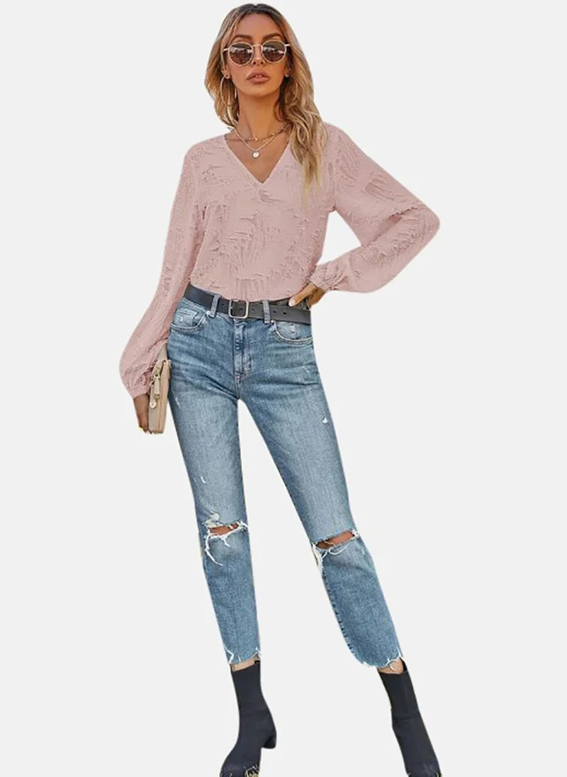 يونيكي Pink Textured Long Sleeve V Neck Tunics