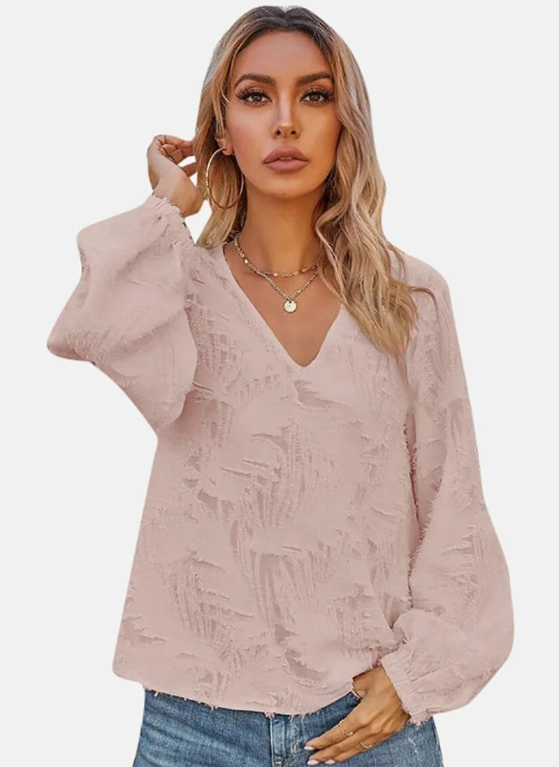 يونيكي Pink Textured Long Sleeve V Neck Tunics