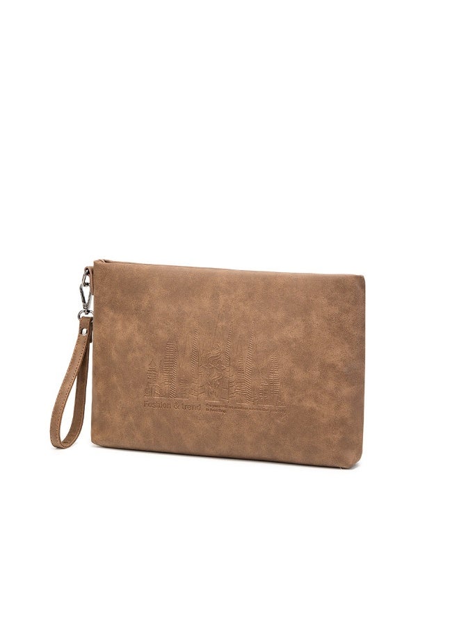 TOVELE5 Tovele 5 Vintage Crazy Horse Leather Large Capacity Brown Clutch – Embossed Building Pattern Envelope Pouch - Image 2