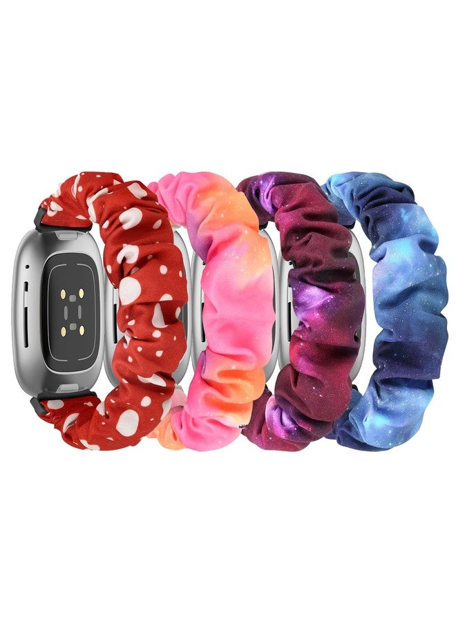 ShuYo Scrunchie Bands Compatible with Fitbit Sense / Sense 2 / Versa 3 / Versa 4 for Women,4 Pack Elastic Nylon Scrunchy Replacement Strap Soft Stretchy Wristband for Fitbit Versa 3 Smart Watch (Polka Dot + Blue Stars + Pink Stars + Purple Stars, Size L) - Image 1