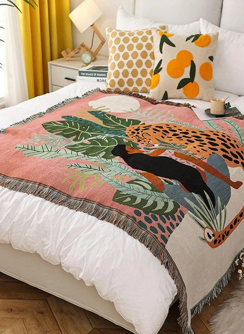 1pc Leopard & Leaf Pattern Blanket, Tassel Decor Fabric Sleeping Blanket, For Home130*160  - Image 1