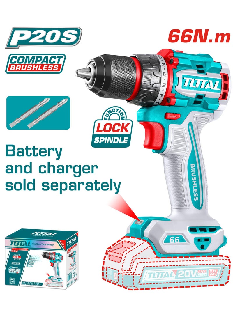 TOTAL TOTAL N66 20V Brushless Cordless Drill – 66Nm High Torque Power Drill with 2-Speed Gear, Metal Chuck & LED Light – Ideal for Wood, Metal, and DIY Projects – Bits Included (Charger Sold Separately)  - Image 1