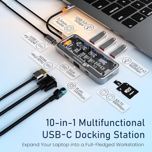 Portronics MPort View Three 10-in-1 USB-C Docking Station, 100 W PD Charging, 4K HDMI, VGA, RJ45 Ethernet, SD/TF Card Slots, USB 3.0/2.0 Ports, 3.5 mm Audio, for All Type C Devices, Windows/MacBook - Image 2