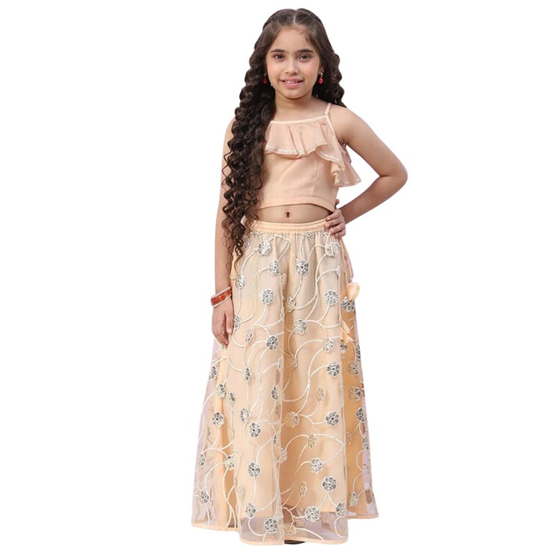 Biba Girls Polyester Flared Solid Lehenga Set(KW4605E_5_Off White) - Image 3