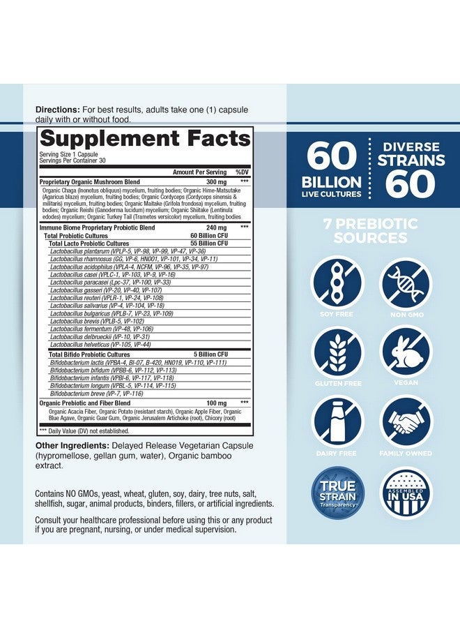 Vital Planet - Vital Flora Immune Support Probiotic, 60 Billion CFU, Diverse Strains, Organic Mushroom Supplement Blend with Prebiotics, Digestive Health Probiotics for Women and Men 30 Capsules - Image 2