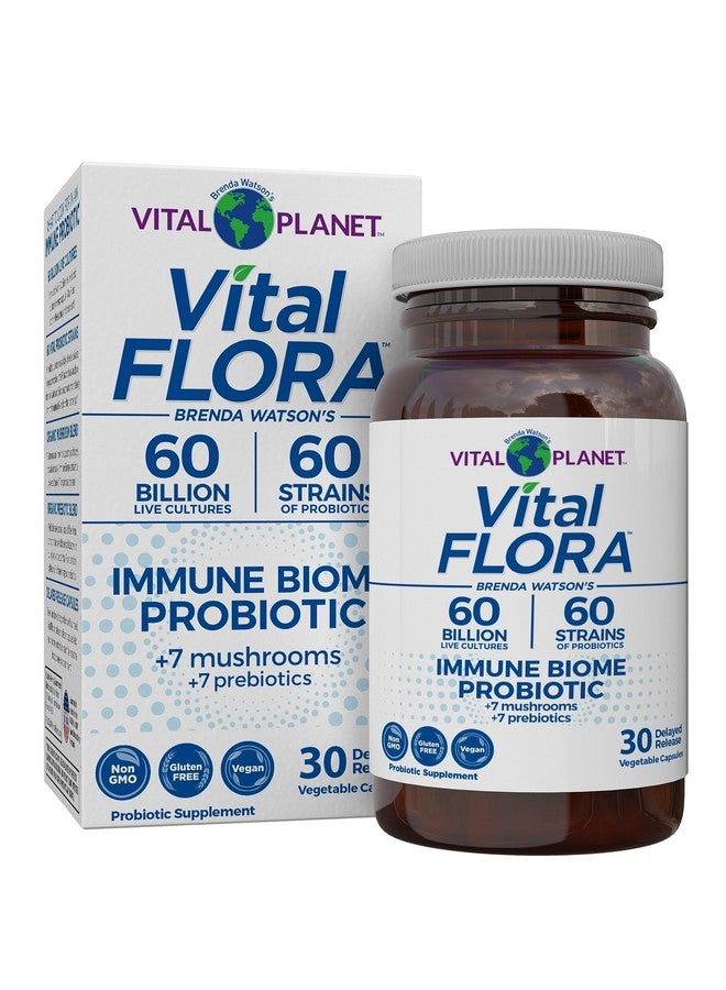 Vital Planet - Vital Flora Immune Support Probiotic, 60 Billion CFU, Diverse Strains, Organic Mushroom Supplement Blend with Prebiotics, Digestive Health Probiotics for Women and Men 30 Capsules - Image 1