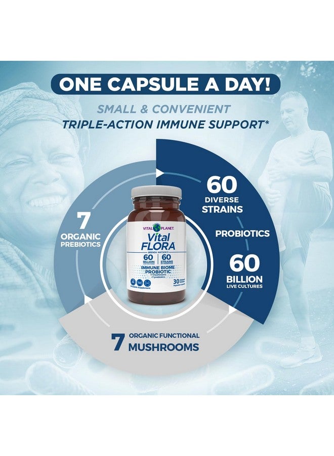 Vital Planet - Vital Flora Immune Support Probiotic, 60 Billion CFU, Diverse Strains, Organic Mushroom Supplement Blend with Prebiotics, Digestive Health Probiotics for Women and Men 30 Capsules - Image 3
