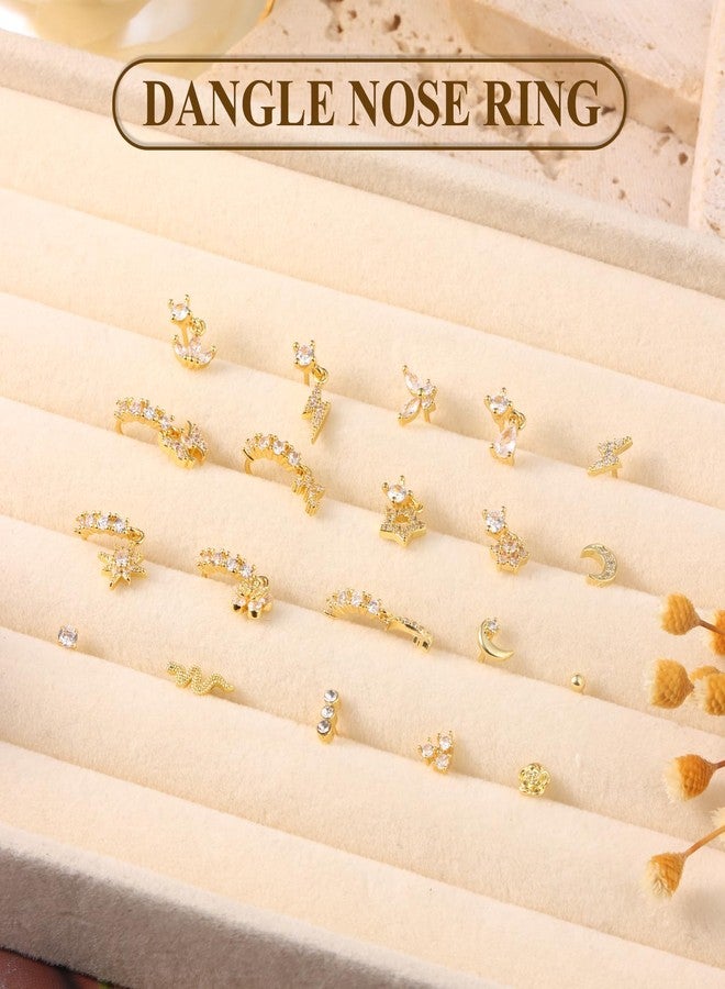 CASDAN 20Pcs 20G Surgical Steel Dangle Nose Rings for Women L Shaped Dangling Nose Rings Studs Hoops Stainless Steel Flower Butterfly Moon Dangle Nose Piercing Jewelry(Gold/Silver Color) - Image 5