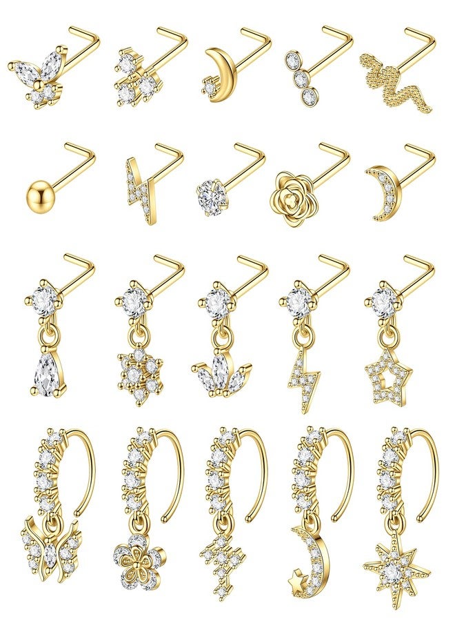 CASDAN 20Pcs 20G Surgical Steel Dangle Nose Rings for Women L Shaped Dangling Nose Rings Studs Hoops Stainless Steel Flower Butterfly Moon Dangle Nose Piercing Jewelry(Gold/Silver Color) - Image 1