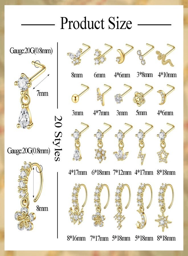 CASDAN 20Pcs 20G Surgical Steel Dangle Nose Rings for Women L Shaped Dangling Nose Rings Studs Hoops Stainless Steel Flower Butterfly Moon Dangle Nose Piercing Jewelry(Gold/Silver Color) - Image 3