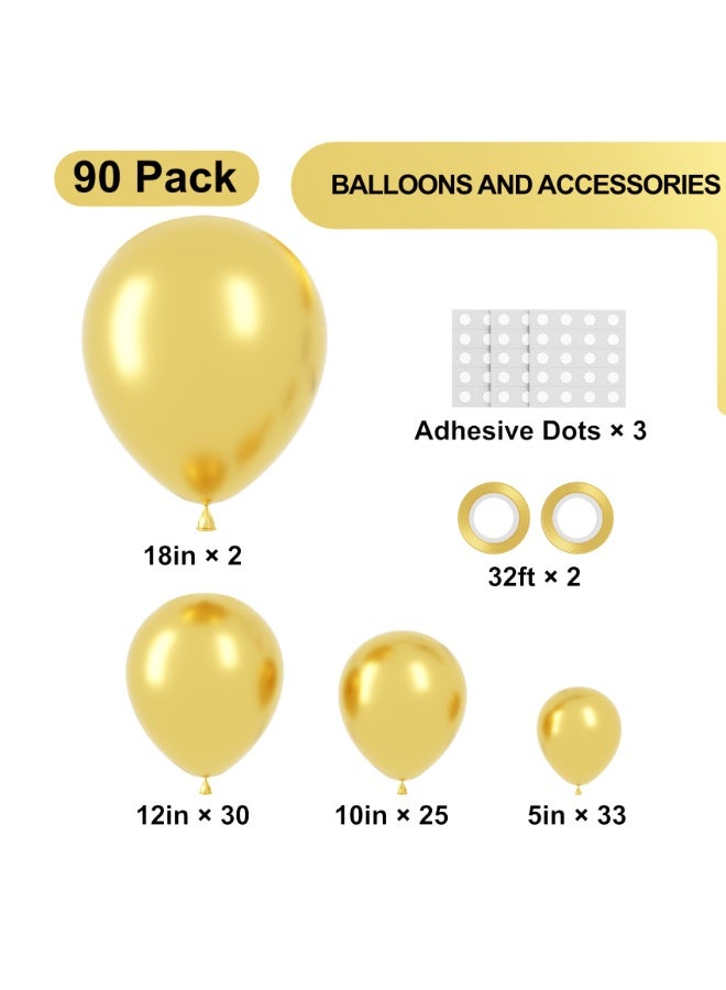 90pack بالونات الذهبية المعدنية مختلفة الحجم 18/12/10/5 بوصة الكروم الذهبية بالون جيلاند قوس مجموعة للزفاف، السنة الجديدة، عيد ميلاد، التخرج، دش العروس، ديكورات دش الطفل - Image 2