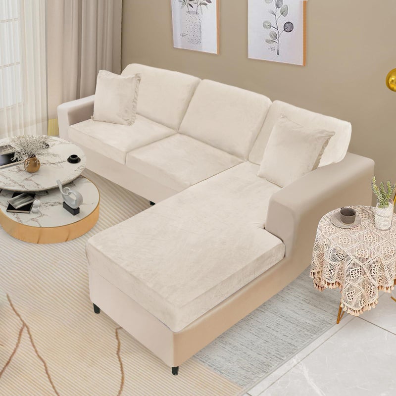 NAISI Sectional Couch Covers 6 Pieces Velvet Couch Cushion Covers L Shape Soft Stretch Sofa Slipcovers with 2pcs Pillowcases for Left/Right Chaise Sectional Couch(2 Seater+1 Chaise+3 Back Beige) - Image 2