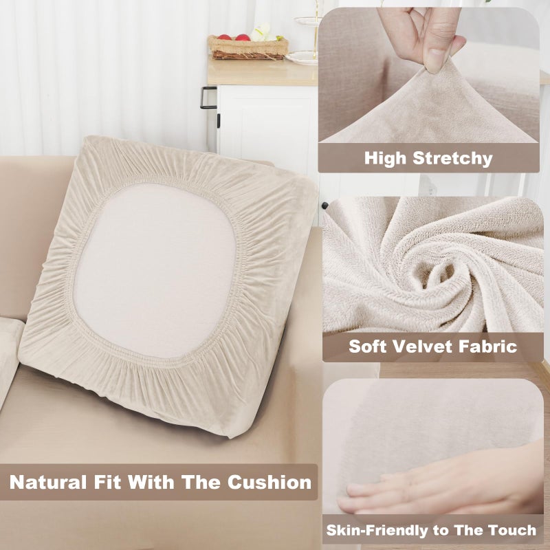 NAISI Sectional Couch Covers 6 Pieces Velvet Couch Cushion Covers L Shape Soft Stretch Sofa Slipcovers with 2pcs Pillowcases for Left/Right Chaise Sectional Couch(2 Seater+1 Chaise+3 Back Beige) - Image 3