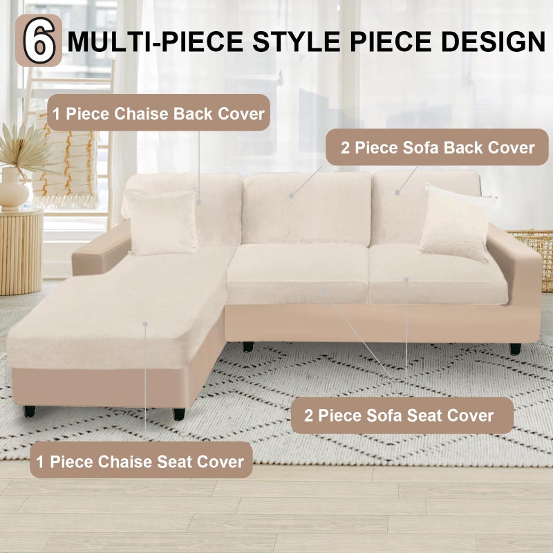 NAISI Sectional Couch Covers 6 Pieces Velvet Couch Cushion Covers L Shape Soft Stretch Sofa Slipcovers with 2pcs Pillowcases for Left/Right Chaise Sectional Couch(2 Seater+1 Chaise+3 Back Beige) - Image 5
