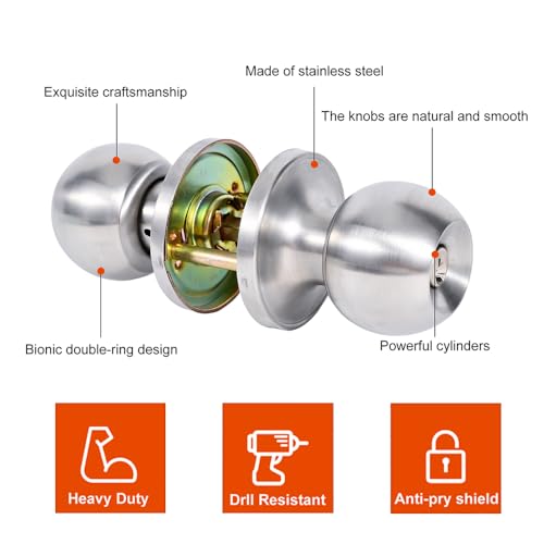 Keweilian High-Security Stainless Steel Round Ball Door Handle with Lock & Key,Door knob for Front Door, Bedroom, and Interior, Easy Installation(Silver) - Image 3