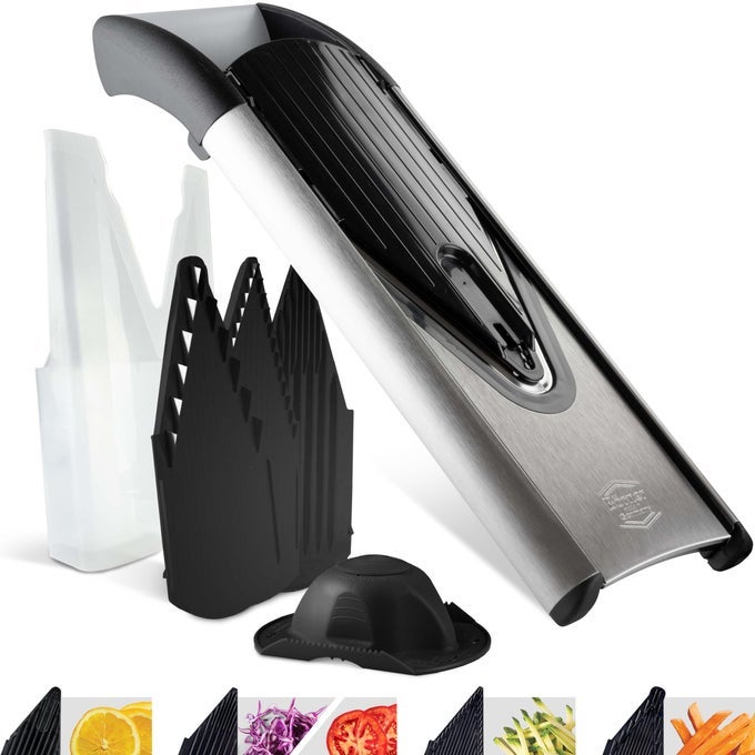 MANDOLINE SLICER V6 BASIC SET STAINLESS STEEL SLICER WITH VBLADE ADJUSTABLE VEGETABLE SLICER FOR VEGETABLES FRUITS SLICES IN 3 THICKNESS SETTINGS INCLUDES SAFETY GUARD