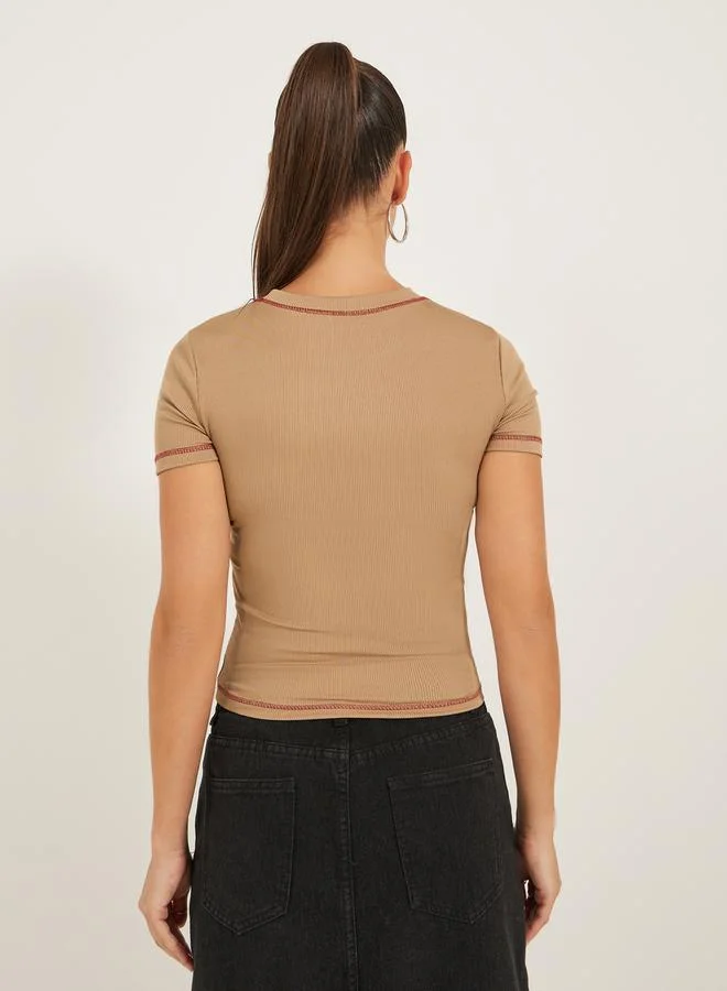 Styli Slogan Print Contrast Stitch Fitted T-Shirt