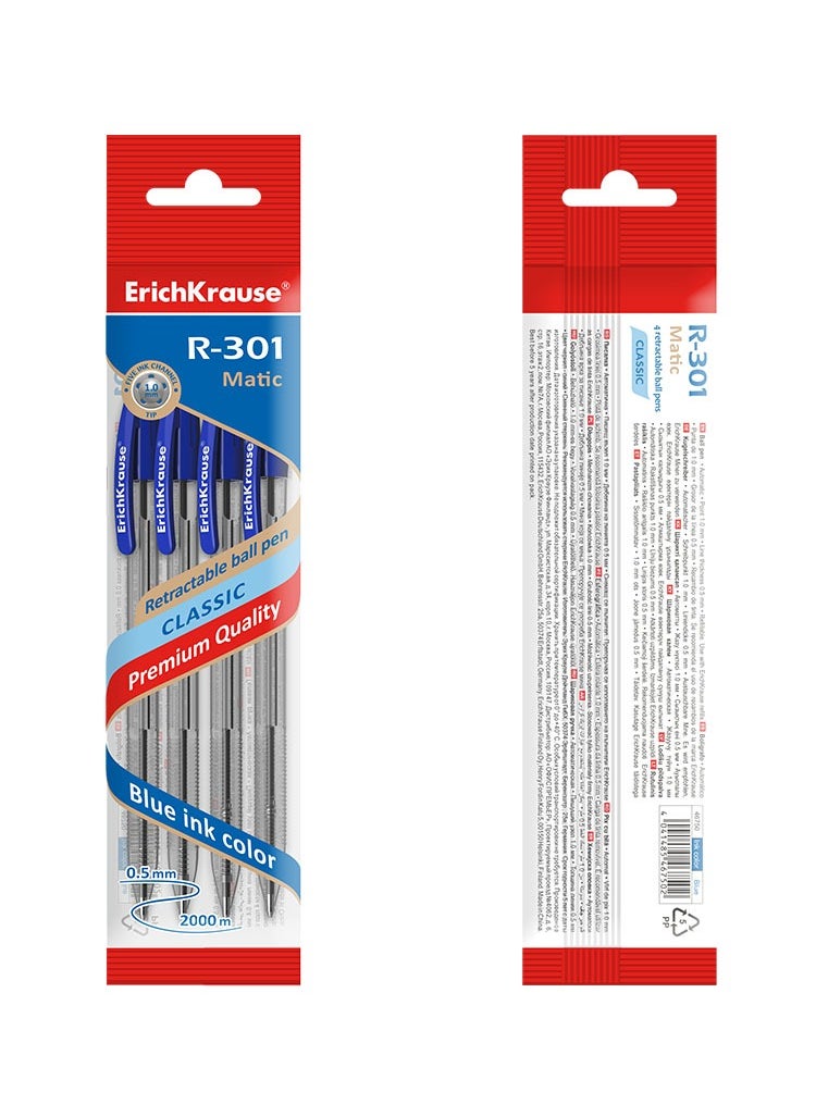 ErichKrause - Set of 4 ballpoint pens R-301 Matic Classic 1.0, ink color: blue (in polybag) - Image 1