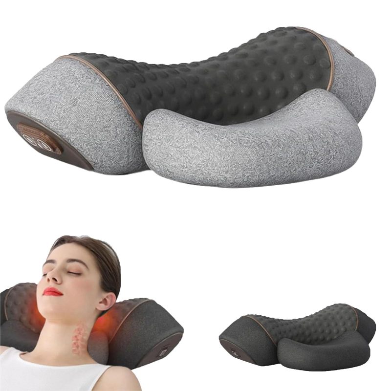 3 In 1 Heated Neck Massager Light Gray: 26° Cervical Traction, Electric Airbag Lifting, Simulated Muscle Relaxation Massage for Neck Shoulder Back Pain Relief, Home Office Travel Use - Image 1