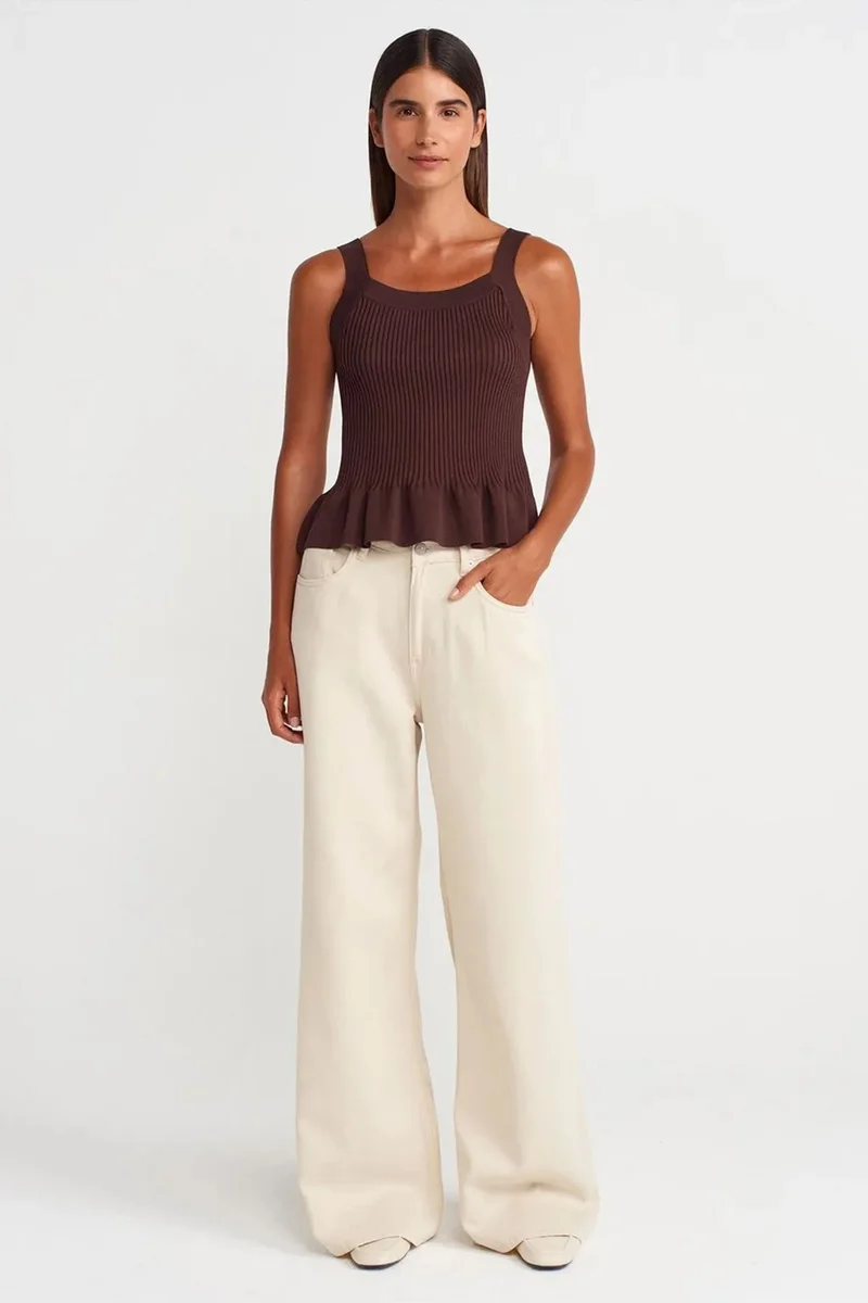 Dilvin Chestnut Brown DILVIN Fitted Ribbed Sleeveless Square-Neck Blouse for Women | Best Price UAE