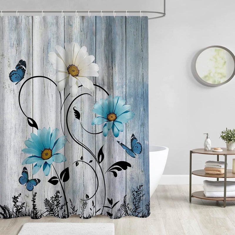 AAtter Blue Floral Flower Shower Curtain Rustic Boho Grey White Yellow Daisy Nature Black Botanical Teal Turquoise Unique Fabric Home Bathroom Decor Bathtub Set with 12 Hooks  60x72  Pretty - Image 1