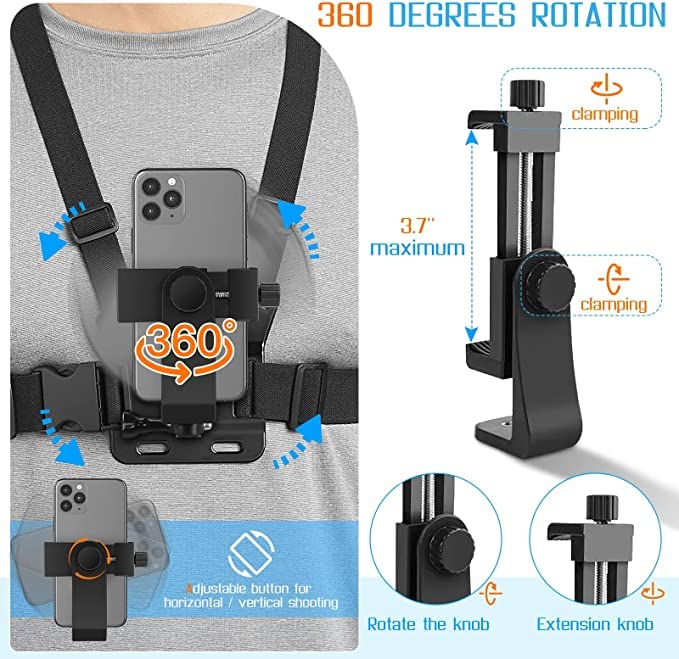 Adofys Mobile Phone Chest Strap Mount GoPro Chest Harness Holder for VLOG/POV Compatible with All Cell Phones and GoPro Hero 9, 8, 7, 6, 5,OSMO Action, AKASO and Other Action Camera - Image 3