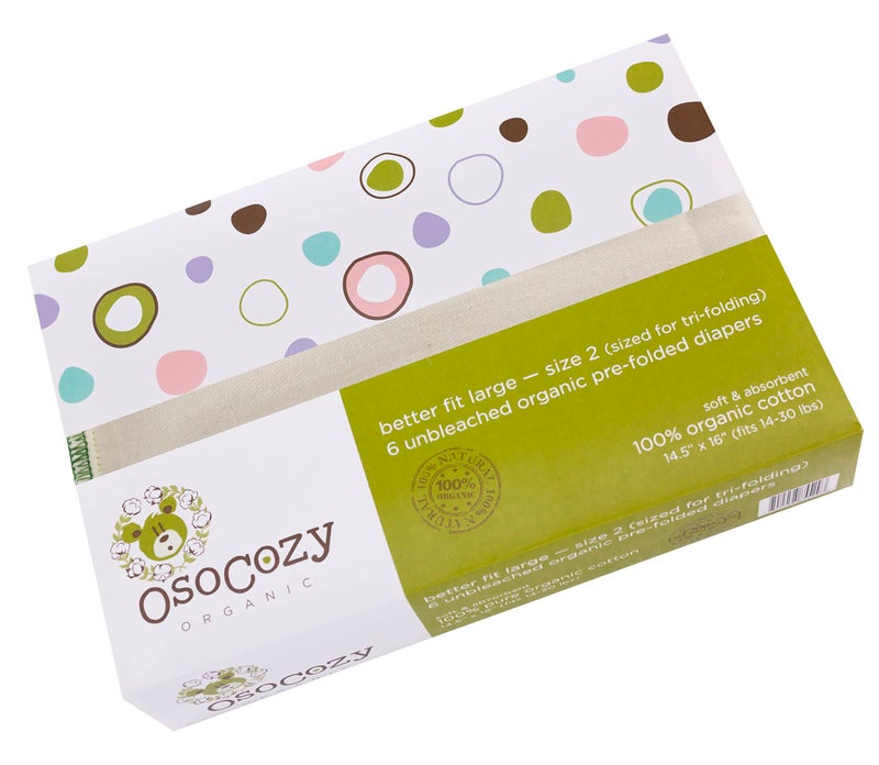 OsoCozy Organic Cotton Prefold Cloth Diapers Better Fit Large 4x8x4 Layering (6pk) - Super-Soft, Thick, Absorbent and Durable. Unbleached Natural Color. Fits 14-30 lbs. - Image 1
