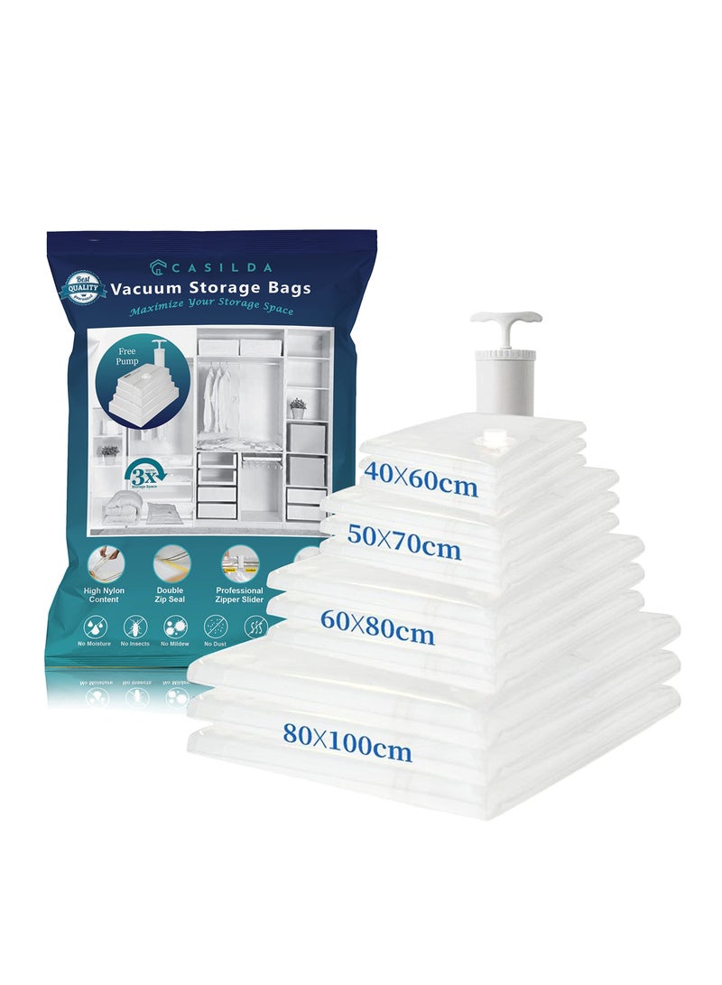 Space Saver Vacuum Storage Bags with Hand Pump, Vacuum bag Reusable for 80% more Space for Packing Clothes, Blankets, Pillows, Bedding and Travel 80x100 cm Jumbo, Set of 6