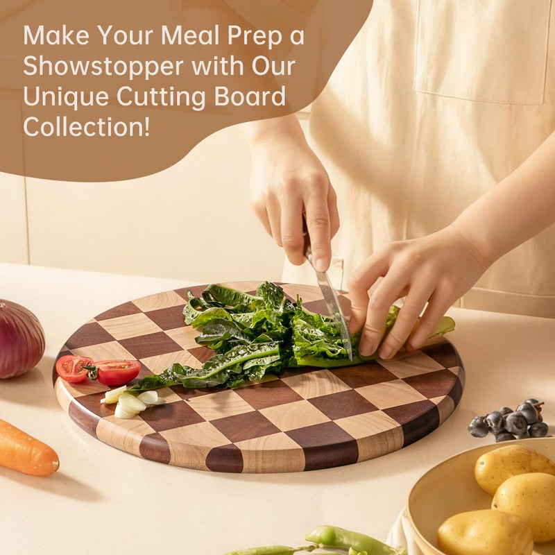 FYCTIO Cutting Board Set, Checkered Wood & Glass Cutting Boards for Kitchen, Retro Record Style Chopping Board with Holder, Serving Tray Gift Set, Ideal for Meat, Bread, Vegetable, Fruit - Image 4